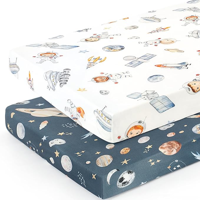 Stretchy Ultra Soft Jersey Knit Fitted Pack n Play Sheets Set 2 Pack, Portable/Mini Crib Sheets for Girls, Universal Fit for Pack N Plays Safe and Snug, Space Print