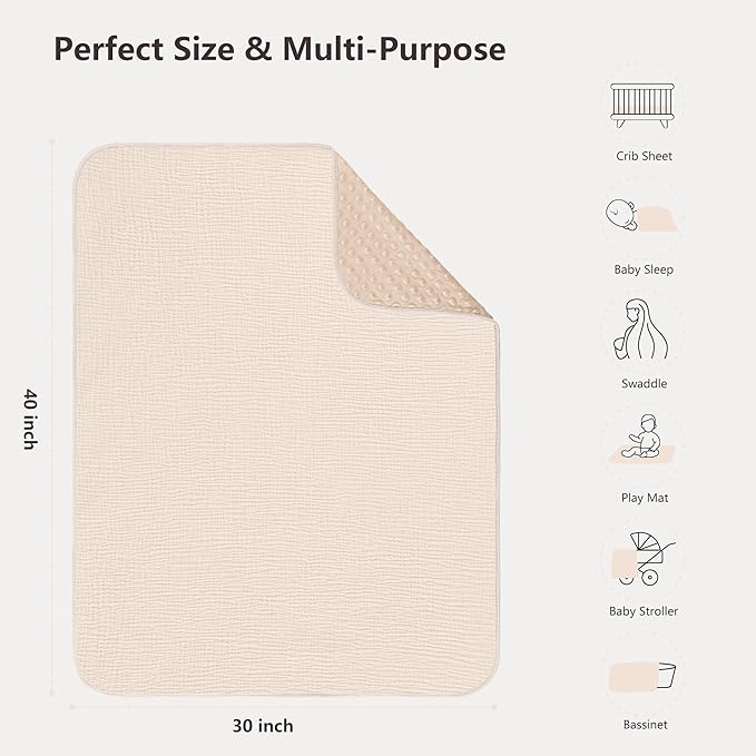Susurration Baby Blanket for Unisex Boys Girls, Soft Nursery Minky Blanket with Muslin Cotton Front and Dotted Fleece Back, Receiving Blanket for Baby Newborn Infant, 30x40inch (Cream)