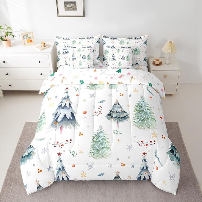 Christmas Bed Set Xmas Tree Comforter Set with Sheets Snowflake Watercolor Blue Bed in a Bag for Kids Boys Girls Room Decor New Year Theme Bedding Set Bedroom Collection Full Size