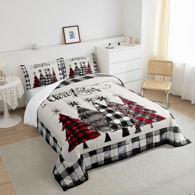 Christmas Trees Kids Comforter Set Twin Size,Geometric Grids Ink Tie-dye Bedding,Girls Boys Adults Bedroom/Xmas Cabin Decor,Rustic Vintage Down Comforter,Black Grey Retro Duvet Insert,1 Pillowcase