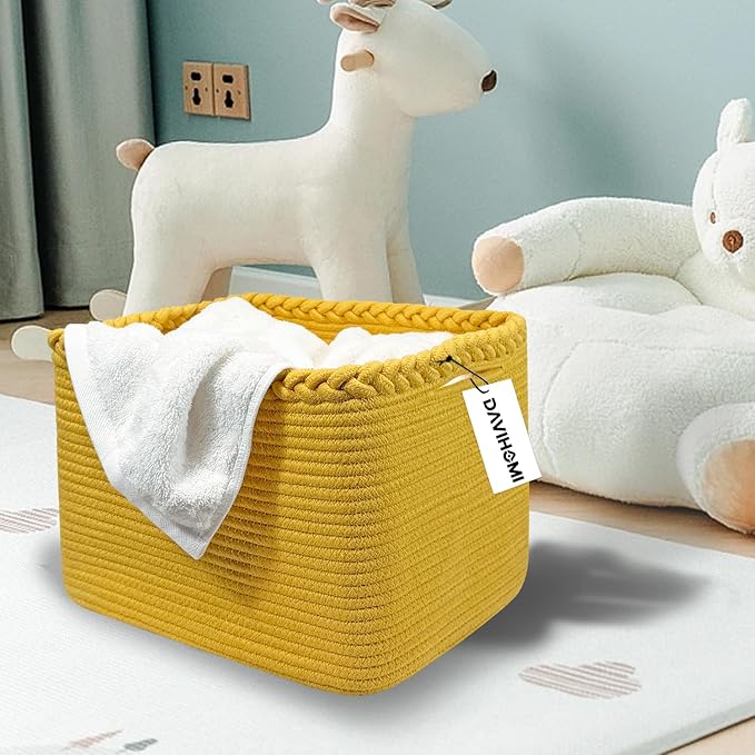 Small Woven Cotton Rope Basket for Storage, Gift Baskets for Handles, Cloth Storage Baskets for Organizing-13.5" x 11" x 9.5" home decor for Living Room, Bathroom（Yellow）