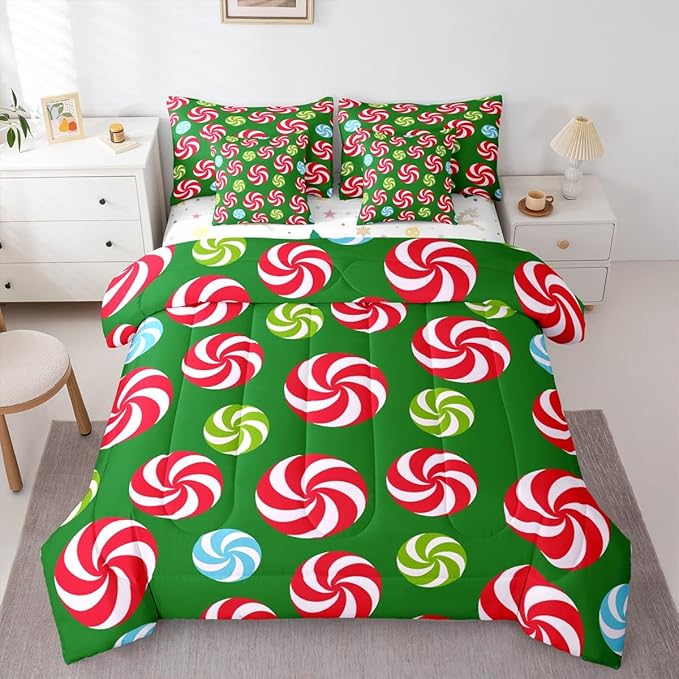 Feelyou Christmas Candy Comforter Set King Size 7 Pieces Cute Swirl Candy Bedding Set for Kids Boys Girls Red and Green Blue Sweet Bed in a Bag Reversible Xmas Decor Bedroom Quilted Breathable Soft