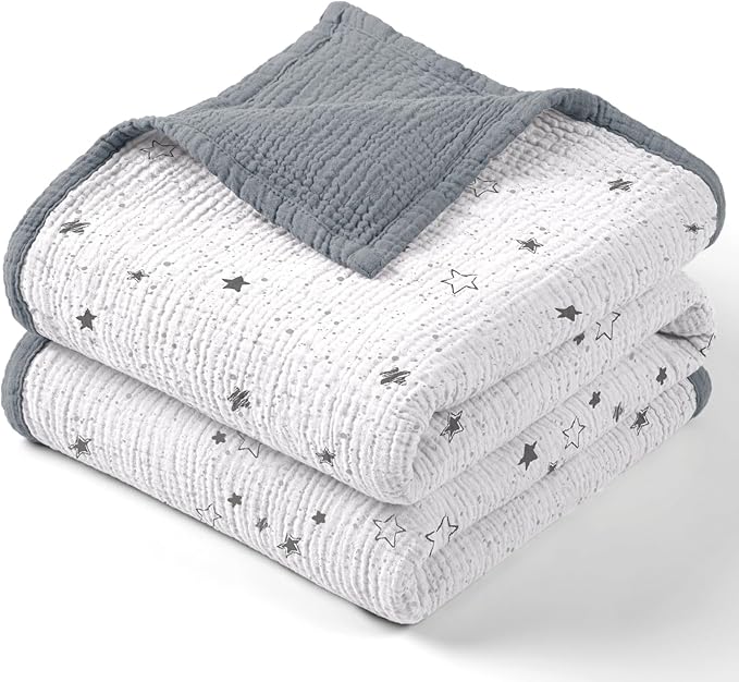 lulumoon Muslin Baby Blanket - Cotton Toddler Blankets for Cribs - Quilt Nursery Blanket for Baby Boys and Girls 47"x47"(Starry Sky Gray)