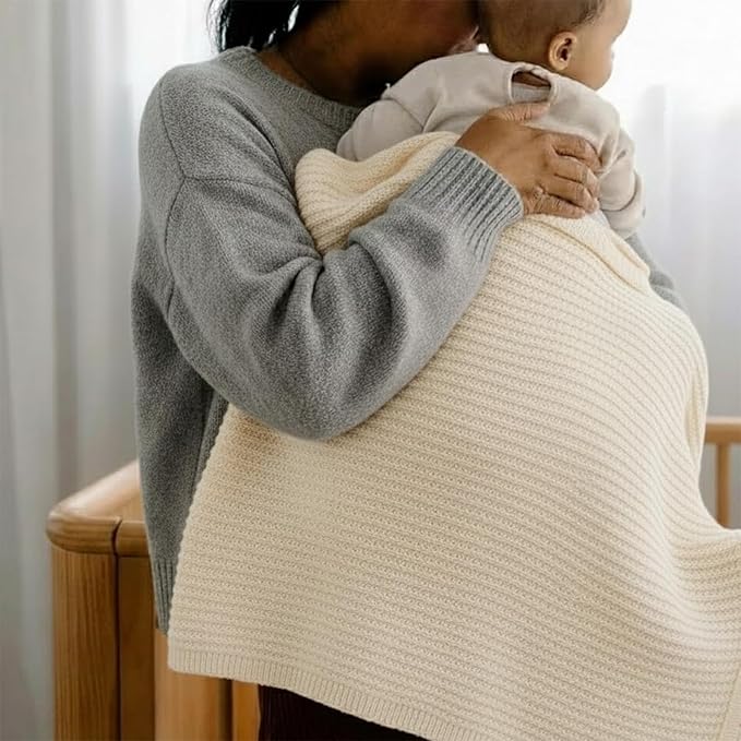 Baby Knit Blanket, 100% Cotton Waffle Patterns, Soft, Cozy, Lightweight Swaddle for Newborn & Infant Swaddling Beige Neutral, Perfect Baby Shower Ideas Cream 30x30