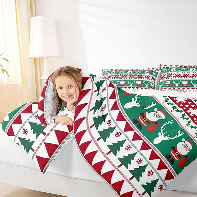 Feelyou Merry Christmas Tree Comforter Set Twin Size Cute Snowman Bedding Set for Kids Boys Girls Santa Claus Duvet Quilt Cartoon Bowknot Bedroom Decor Microfiber 2 Pcs with 1 Pillow Cases