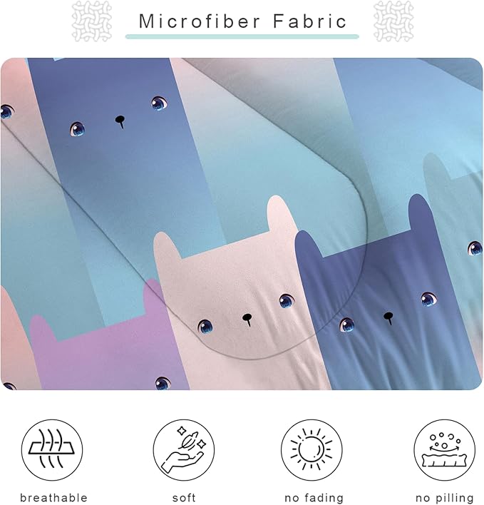 Cat Comforter Set King: Blue Purple Kawaii Cats Bedding Set for Women Men Adults King Size Gradient Cat Quilts Cute Pink Kitten Bed Sets 1 Comforter & 2 Pillowcases