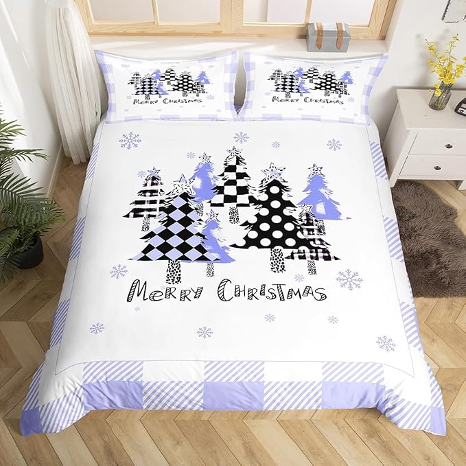 Manfei Xmas Trees Duvet Cover Set Twin Size, Blue Plaid Grid Snowflake Bedding Set for Kids Girls Boys Room Decor, Christmas Theme Comforter Cover New Year Quilt Cover with 1 Pillowcase, No Comforter