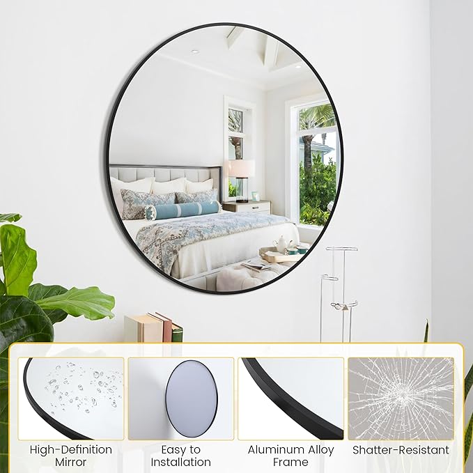 IDEALHOUSE 36 Inch Black Round Wall Mirror, Circle Mirror Metal Frame for Bathroom, Vanity, Entryway, Bedroom, Living Room, Wall Mounted Modern Rustic Decor