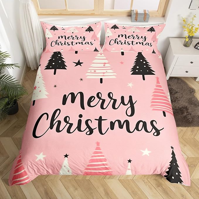 Feelyou Merry Christmas Bedding Set Christmas Tree Duvet Cover for Kids Boys Girls Stars Print Comforter Cover Pink Christmas Bedspread Cover with 2 Pillowcases 3Pcs Bedding Full,No Comforter