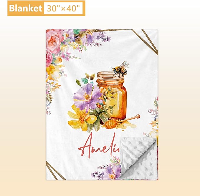 Custom Baby Crib Bedding Set, 5 Pcs Personalized Name Baby Crib Sets for Infant Toddler, Yellow Bee Nursery Bedding Set for Boy Girl, Double Layer Flannel Baby Bedding Sets Customized Gifts
