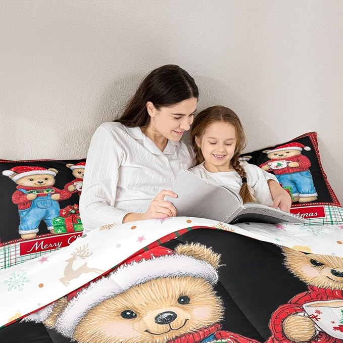 Feelyou Merry Christmas Bedding Set Soft for Boys Girls, Cute Bear Comforter Set Toddler Size Duvet Quilt Microfiber Winter Bedroom Decor 2 Pcs with 1 Pillow Cases