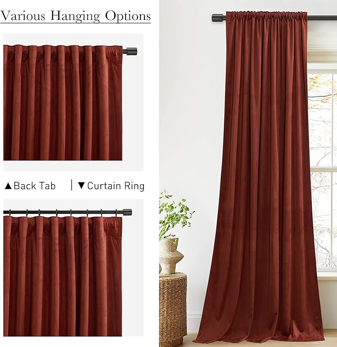 StangH Rust Velvet Curtains 90 inches Long - Theater Curtains Bedroom Blackout Window Covering Privacy Thermal Insulated Drapes for Media Cafe, W52 x L90, 2 Panels