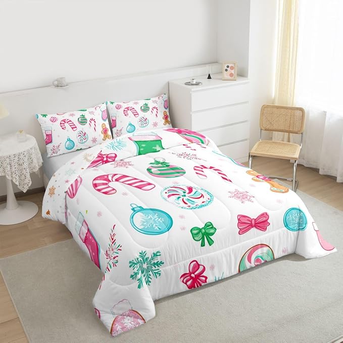 Feelyou Candy Cane Comforter Set Toddler Size Christmas Ornament Bedding Set for Kids Boys Girls Snowflake Duvet Quilt Festive Bow Bedroom Decor Christmas Stocking 2 Pcs with 1 Pillow Cases