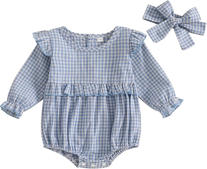 Karuedoo Newborn Baby Girl Clothes Gingham Plaid Bubble Romper Long Sleeve Ruffle Bodysuit with Headband Spring Fall Outfit
