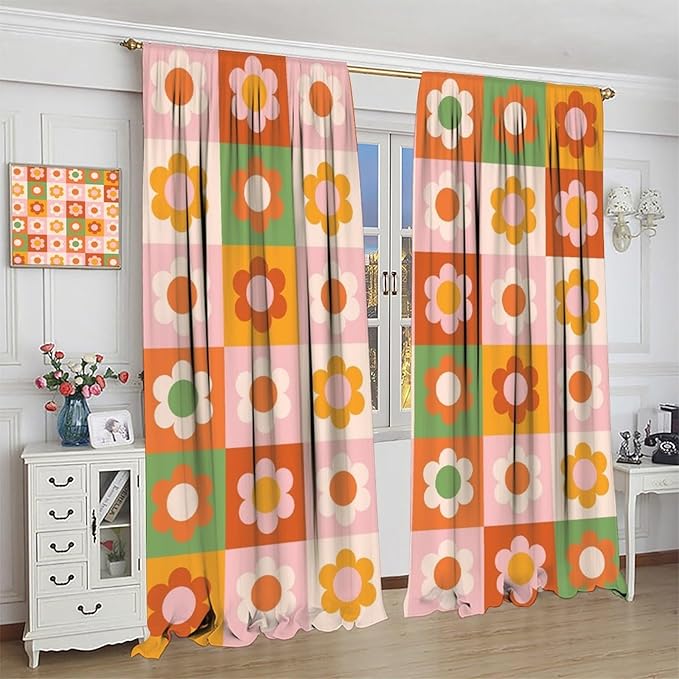 70s Flowers Curtains,Vintage Cute Colorful Abstract Floral for Girls Kids Bedroom Bathroom Curtains Window,Trendy Groovy Funky Novelty Home Window Treatments Drapes 84"" W X 84"" L, Style-5