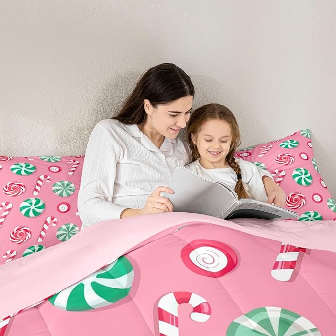 Feelyou Christmas Comforter Set Twin Size Candy Bedding Set for Kids Boys Girls Xmas Theme Duvet Quilt Bedroom Decor Microfiber 2 Pcs with 1 Pillow Cases