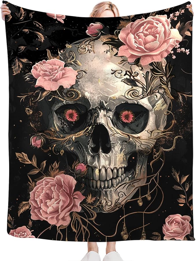 Tijuboni Skull Roses Throw Blanket Skeleton Gifts for Girls Boys Women Men Kids Adults Soft Flannel Fleece Blanket for Couch Sofa Bed Home Decor 40"x50"