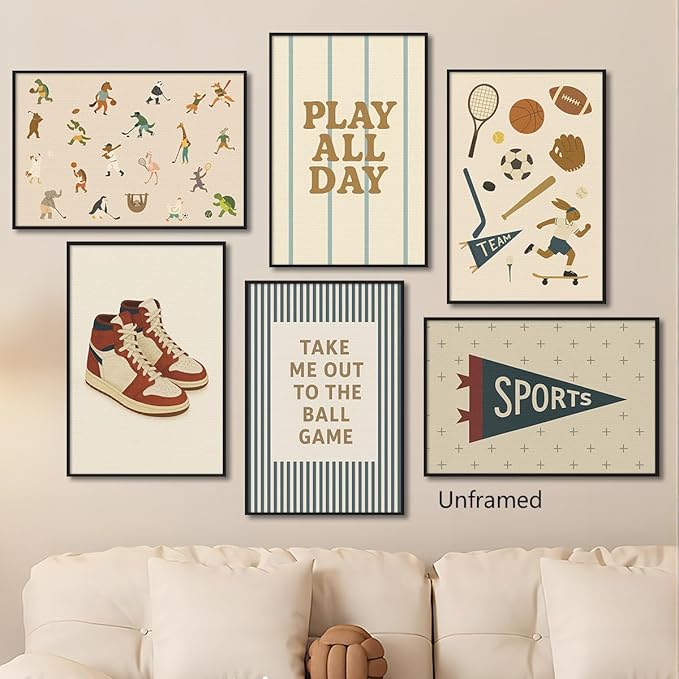 Sports Posters for Boys Bedroom, Boy Nursery Canvas Wall Art, Cute Animal Athletes & Sports Equipment Pictures, Charming Quotes Take Me Out To The Ball Game Play All Day Print 8x12in Framed