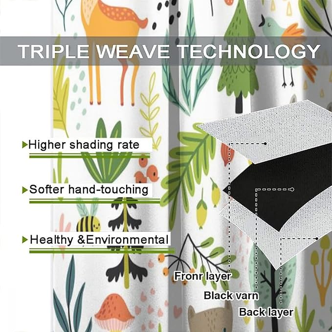 Cartoon Forest Kids Blackout Curtains,Cute Woodland Wild Animals Colorful Deer Plants Trees Print Pattern Thermal Insulation Window Drapes for Nursery Boys Girls Bedroom,White Background 42x63in