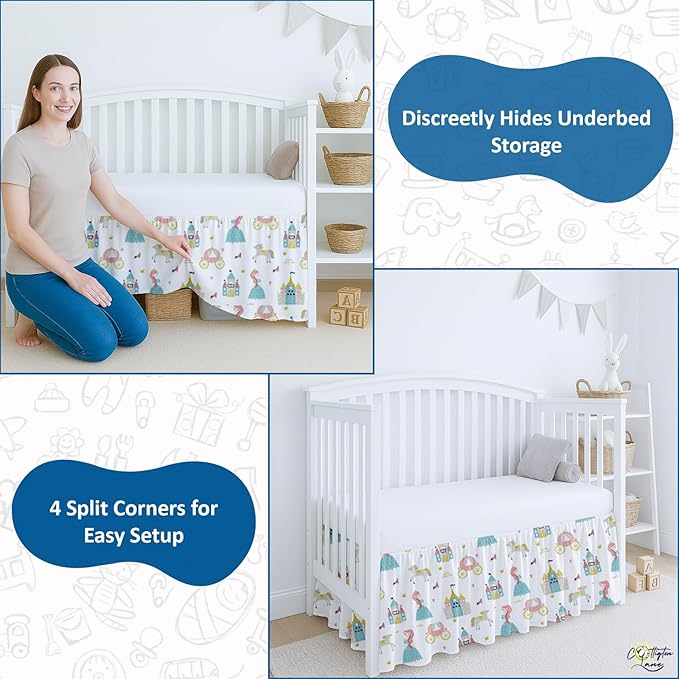 Cottington Lane Crib Skirt Dust Ruffle, 100% Natural Cotton, Soft, Durable Nursery Crib Toddler Bedding Skirt for Baby Girls or Boys, Fits Standard Cribs 28" x 52" with 14" Drop, Littile Princess