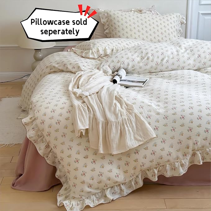 BuLuTu Muslin Duvet Cover King, Vintage Azalea Floral Comforter Cover with Ruffles, Princess Bedding Soft Breathable Gauze Cotton Quilt Covers,90"x104", Zipper Closure, No Pillow