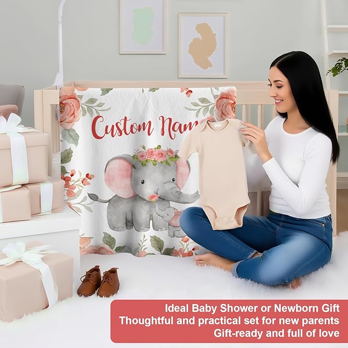 Personalized Baby Crib Bedding Set,3 Piece Custom Name Nursery Set with Blanket, Fitted Sheet & Pillowcase for Baby Girls & Boys, Elephant Floral Theme(Fixed Size)
