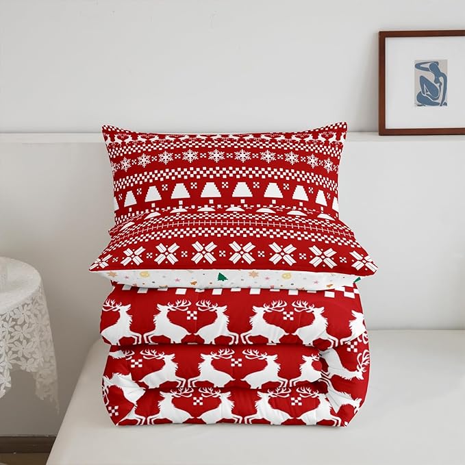 Feelyou Red Christmas Bedding Set for Kids Boys Girls Full Size Xmas Deer Decor Comforter Set Ultra Soft Xmas Snowflake Comforter Winter Duvet Quilt Bedroom Decor Christmas Decor Quilt