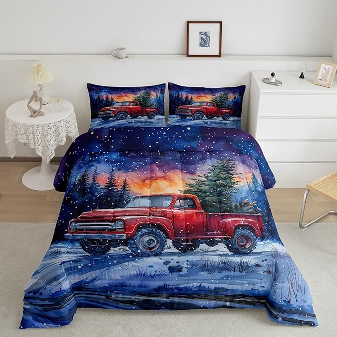 Red Truck Kids Bedding Set Full Size,Christmas Tree Snowflake Comforter Set for Teens Boys Girls Room Decor,Woodland Nature Scenery Duvet Insert 3Pcs,Merry Christmas Theme Quilt Set,2 Pillowcases