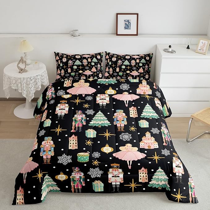Erosebridal 7Pcs Black Christmas Comforter Set Full Size,Nutcracker Bedding Set,Xmas Snowflake Stars Bed in A Bag,Romantic Princess Castle Quilt with Flat Fitted Sheet