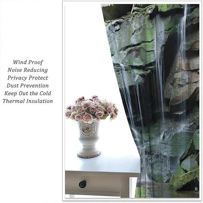 Forest Waterfall Blackout Windows Curtains, Rocky Waterfall to Pond Running Off Scenic Nature Themed Picture Print Curtains, for Living Room Bedroom 72x63in 2 Panels