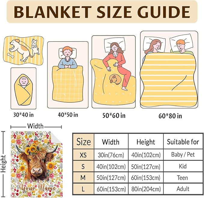Custom Highland Cow Blanket Gifts with Name - 80x60 Inches Vintage Throw Blanket for Women, Girls - Colorful Soft Fuzzy Blankets for Bed, Couch Sofa - Gift for Mom Daughter Grandma