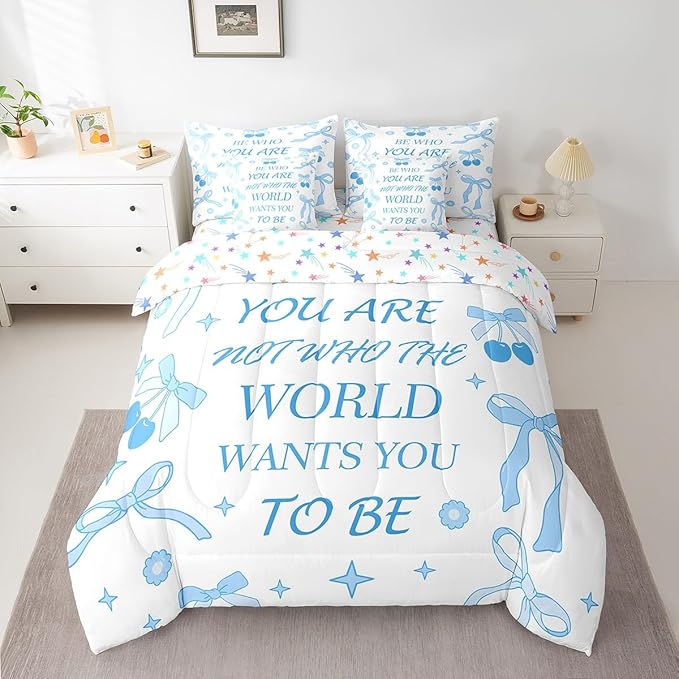 7 Pieces Blue Bowknot Kids Comforter Set Full,Cherry Tropical Fruit Cartoon Princess Bedding Set,Bow Tie Stars Daisy Cute Blue Dreamy（Comforter+Fitted+Flat Sheet+2 Pillowcases+2 Throw Pillow Covers）
