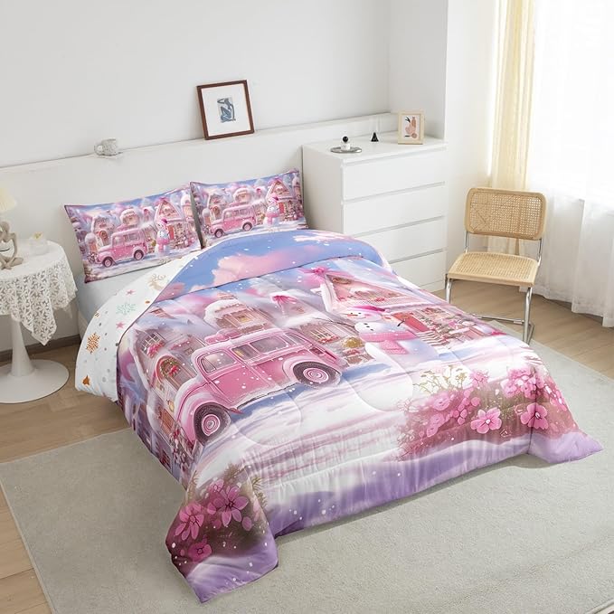 Manfei Christmas Comforter Set Twin Size, Pink Truck Flower Snowman Bedding Set for Kids Girls Room Decor, New Year Theme Down Comforter, Lightweight Duvet Insert, 1 Pillowcase
