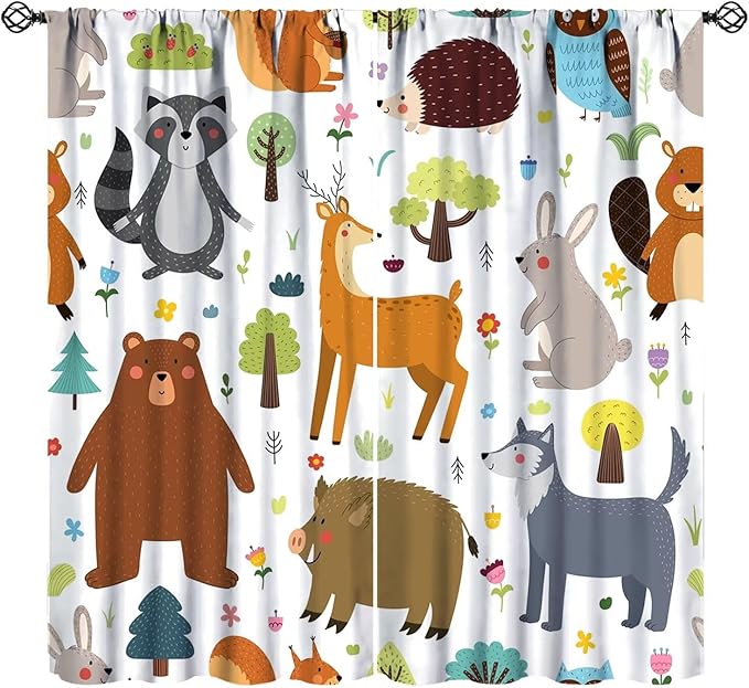 Forest Animals Kids Blackout Curtains Cartoon Cute Bear Deer Squirrel Owl Hedgehog Modern Art Print for Boys Girls Bedroom Living Room Nursery Rod Pocket Decoration Window Drapes 2 Panels W21xL54in