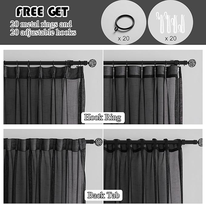 Black Linen Look Pinch Pleated Sheer Curtains 102 Inches Long 2 Panels, 50 Inches Width, Rustic Textured Light Filtering Drapes, Dark Moody Floor to Ceiling Window Curtain with Hooks