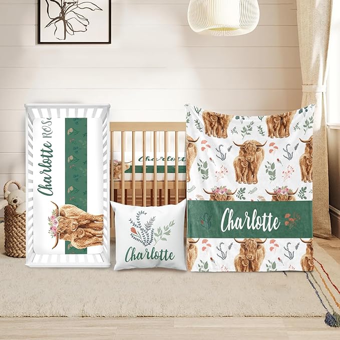 Custom Crib Bedding Set - Highland Cow Design Personalized Name Baby Nursery Bedding 3 Pcs Set - Chic Soft Blanket, Sheet, Pillowcase for Newborns Boys Girls Gifts Color23