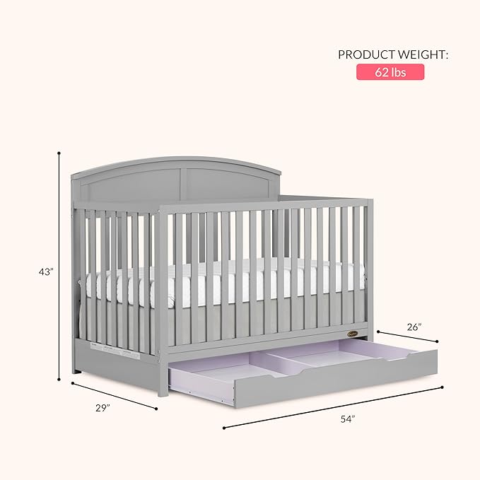 Dream On Me Storybrooke 5-in-1 Convertible Full-Size Crib with Under Drawer, Pebble Grey, GreenGuard Gold & JPMA, Convert to Toddler, Day & Full-Size Bed, 3 Mattress Heights, Sustainable Pinewood
