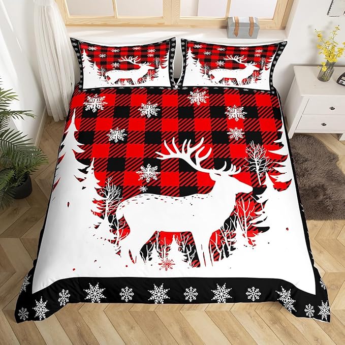 Manfei Christmas Duvet Cover Set Queen Size, Xmas Deer Tree Snowflake Print Bedding Set 3pcs for Kids Boys Girls Bedroom Decor, Black Red Plaid Print Comforter Cover with 2 Pillowcases,No Comforter