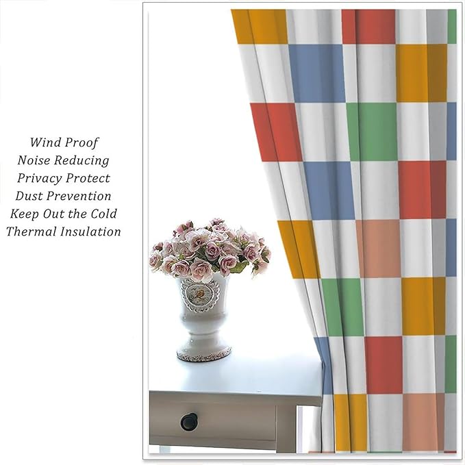 Retro Checkered Curtains,70s Vintage Twisted Checkered Window Drapes Colorful Groovy Trendy Wavy Hippie Grid Print Window Treatments for Kids Girls Bedroom Living Room Bathroom 84" W X 84" L