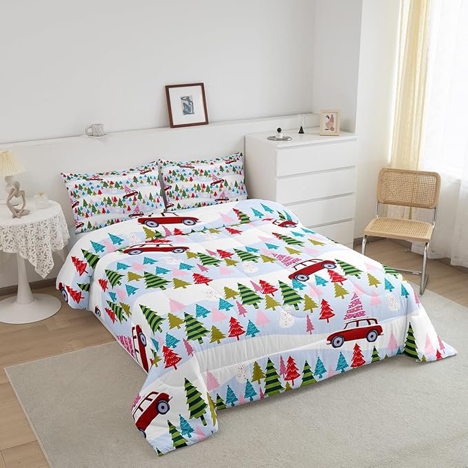 Feelyou Christmas Trees Bedding Set for Kids Boys Girls Full Size Christmas Truck Comforter Set Ultra Soft Winter Snowman Comforter Xmas Duvet Quilt Bedroom Decor Christmas Ornaments Quilt