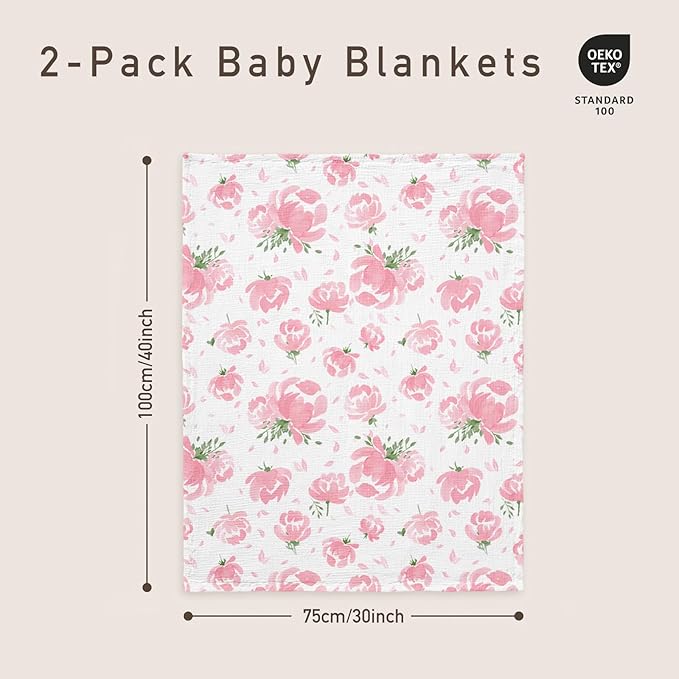 GLLQUEN BABY Blankets for Unisex Boys Girls, 2-Pack Muslin Cotton Front Soft and Breathable,and Dotted Fleece Backing, Printed Bed Nursery Minky Blankets for Newborn, Pink Flower,30 x40 inches
