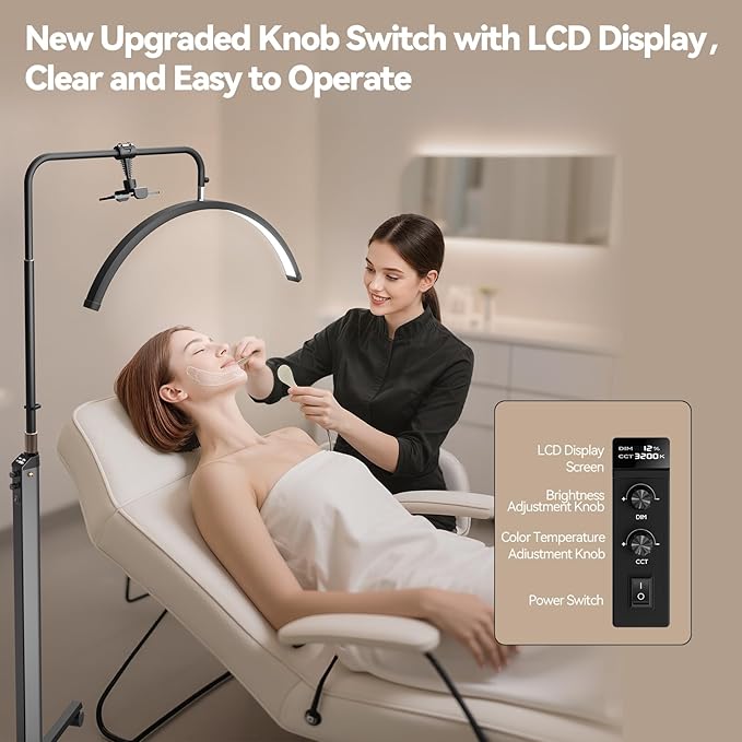 Lash Light, Upgraded 28'' Large Half Moon Light for Lash Tech, Nail Tech, Tattoo Artists and Estheticians, LED Moon Lamp with Knob Control & LCD Display, Lockable Wheel Base and Phone Holder