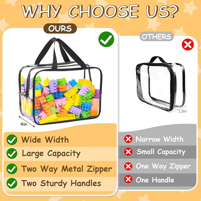 6 Packs Large Toy Storage Bags, Dual Zippers and Portable Handheld Design, Clear Waterproof Toy Organizer Bags with Labels, Board Game Storage for Building Blocks, Puzzle