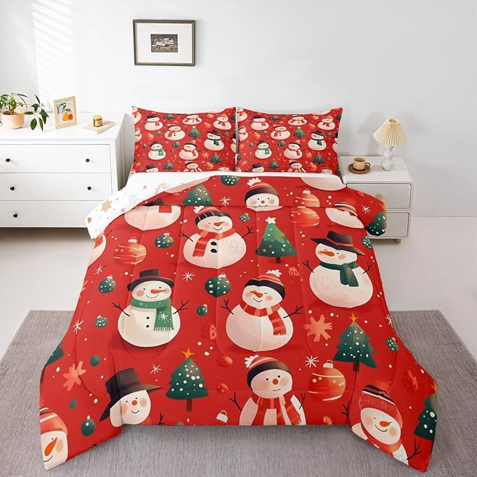 Feelyou Christmas Comforter Set King Size Snowman Bedding Set for Kids Boys Girls Snowflake Duvet Quilt New Year Theme Bedroom Decor Microfiber 3 Pcs with 2 Pillow Cases