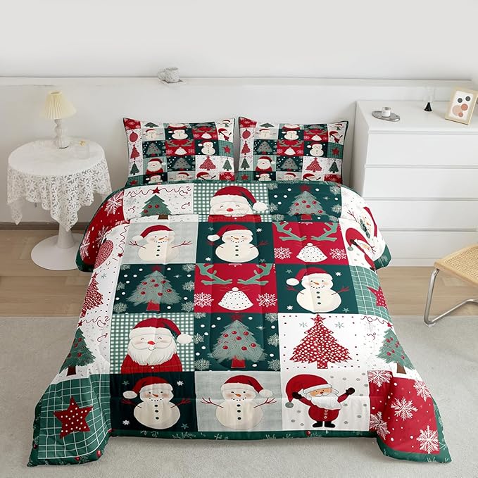 Feelyou Merry Christmas Comforter Set All Season Xmas Tree Snowman Bedding Set with 2 Pillow Cases Santa Claus Microfiber Kids King Bedclothes Patchwork Bedroom Decor Duvet Quilt Breathable Soft