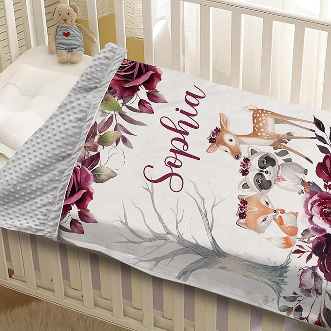 Custom Baby Blanket with Name, Double Layer Soft Dot Back Personalized Baby Blanket for Boys Girls, Woodland Blanket for Newborn Toddler, Customized Swaddle for Kids Birthday Gifts(60" x80)