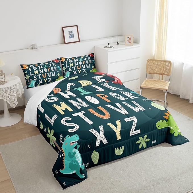 Alphabet Kids ABC Learning Bedding Set Full Size, Cartoon Dino Comforter Kids Educational Nursery Art Comforter Set for Boys Girls Jungle Dino Duvet Set Durable Bed Set 3Pcs