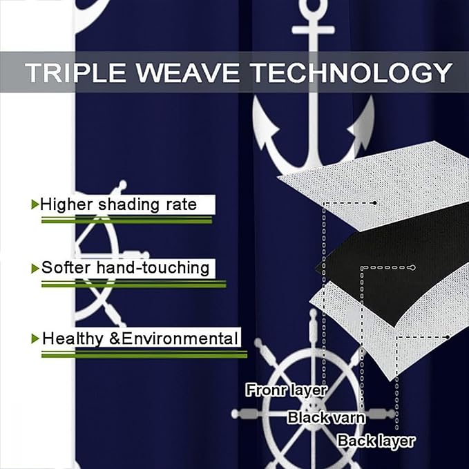 Nautical Rudder Curtains,MarineThemed Oceanic Anchor Pattern Blackout Print Home Bedroom Living Room Window Treatments 2 Panel Set 72x63 Inch