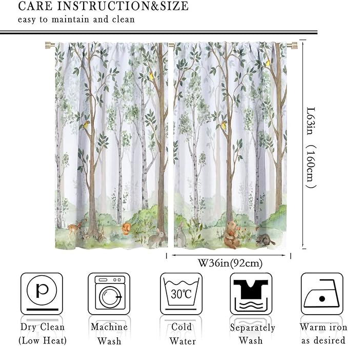 Kids Animal Curtains, Watercolor Natural Forest Animal Hedgehog Fox Butterfly Rabbits Forest Print Curtain Boys and Girl Bedrooms 72x63in