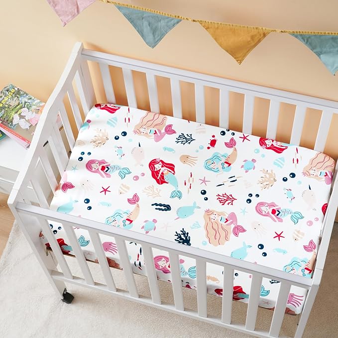 PHF 3 Pack Soft Mini Crib Sheets, Mermaid Silky Pack N Play Sheets for Baby Boys Girls, Universal Fit for Pack N Play, Playard, Portable and Mini Crib Mattresses, Mermaid